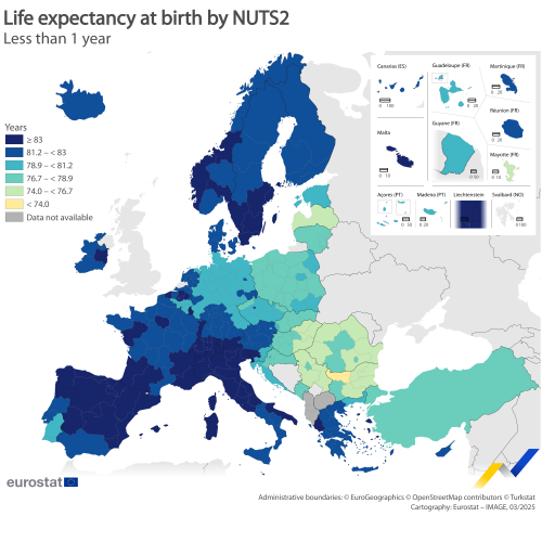 a map on life expectancy by years at birth by NUTS 2 region for 2023.